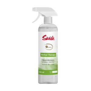 Butelka z rozpylaczem o pojemności 500 ml z etykietą "Swish Essence Herbal Therapy", przeznaczona do odświeżania powietrza, o pH 6,5-7,5.