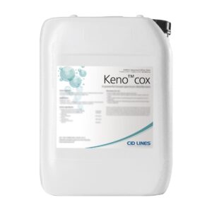 Biały plastikowy kanister z etykietą produktu Keno™ cox, produkowanym przez CID LINES, przeznaczonym do dezynfekcji. Etykieta zawiera informacje o składzie oraz zastosowaniu środka.