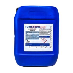 Niebieski pojemnik z etykietą "FORTEX BLUE" zawierającą informacje o produkcie opartym na chlorheksydynie, z symbolem ostrzegawczym oznaczającym substancję niebezpieczną dla środowiska. Pojemność wynosi 10 kg.