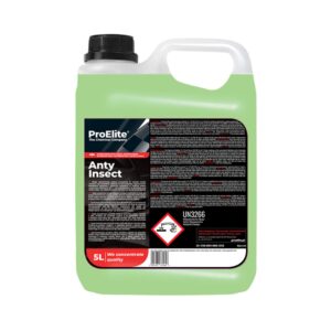 Zielona butelka z płynem o pojemności 5 litrów oznaczona jako "ProElite Anty Insect", z etykietą zawierającą informacje o produkcie i oznaczeniem ostrzegawczym UN3266.