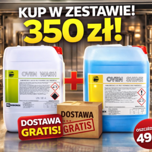 Kanistry z płynami do czyszczenia piekarników oznaczone jako "Oven Wash" i "Oven Shine" w promocyjnej cenie 350 zł, z darmową dostawą i oszczędnością 49 zł; w tle otwarty piekarnik.