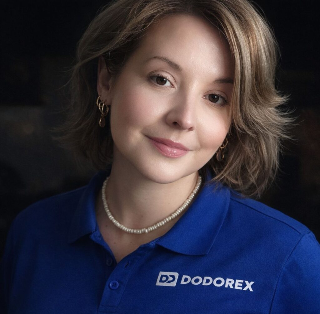 Kobieta z krótkimi blond włosami w niebieskiej koszulce polo z logo "DODOREX", nosząca perłowy naszyjnik i złote kolczyki, patrzy z delikatnym uśmiechem.