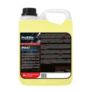 Kanister 5-litrowego koncentratu szamponu samochodowego ProElite Maxi Shampoo o żółtym kolorze, z czarną etykietą zawierającą szczegóły dotyczące produktu.