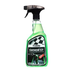 Butelka z zielonym płynem czyszczącym ProElite General GT z czarnym spryskiwaczem, pojemność 750 ml. Etykieta informuje, że jest to uniwersalny środek czystości, gotowy do użycia, profesjonalnej jakości.
