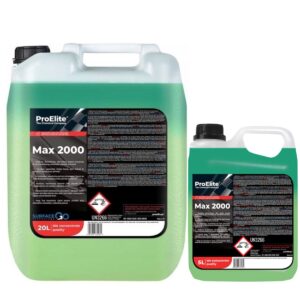 Dwa pojemniki z zielonym płynem czyszczącym marki ProElite, model Max 2000, o pojemności 20 litrów i 5 litrów. Etykieta zawiera informacje o produkcie oraz oznaczenie ostrzegawcze substancji żrącej.