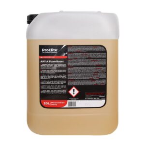Kanister z płynem ProElite APT-A FoamBoost o pojemności 20 litrów, z czarną etykietą zawierającą szczegółowe informacje o produkcie i znaczek ostrzegawczy.
