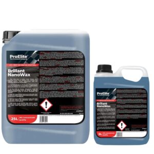 Dwa pojemniki z płynem Brillant NanoWax marki ProElite, jeden o pojemności 25L, a drugi 5L; na etykietach widoczna jest instrukcja użycia oraz oznaczenia ostrzegawcze.
