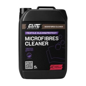 Kanister o pojemności 5 litrów z czarną etykietą, na której widnieje napis "Microfibres Cleaner" oraz informacje o zapachu multifruit i przeznaczeniu do czyszczenia tekstyliów.