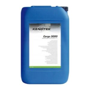 Niebieski plastikowy pojemnik z etykietą "Kenotek Cargo 3000" na przodzie. Etykieta zawiera rozmyty tekst, co sugeruje, że jest to produkt chemiczny lub czyszczący.
