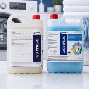 Dwa duże kanistry z detergentami do prania marki Dodorex stoją na blacie przed pralką; jeden z nich to "Optima Gel" w przezroczystym opakowaniu, a drugi to "Optima Soft" w niebieskim opakowaniu.
