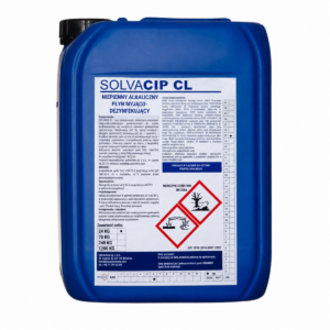 Niebieski pojemnik z etykietą zawierającą informacje o produkcie SOLVACIP CL, niepiennym alkalicznym płynie myjąco-dezynfekującym, z widocznymi symbolami zagrożenia wskazującymi na działanie szkodliwe dla środowiska i zdrowia.