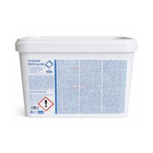 Plastikowe opakowanie descaleru Vision z dużą ilością tekstu informacyjnego i ostrzegawczego na etykiecie, w tym symbolem ostrzegawczym wskazującym na potencjalne zagrożenie.